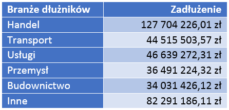 Zadłużenie według branży dłużników